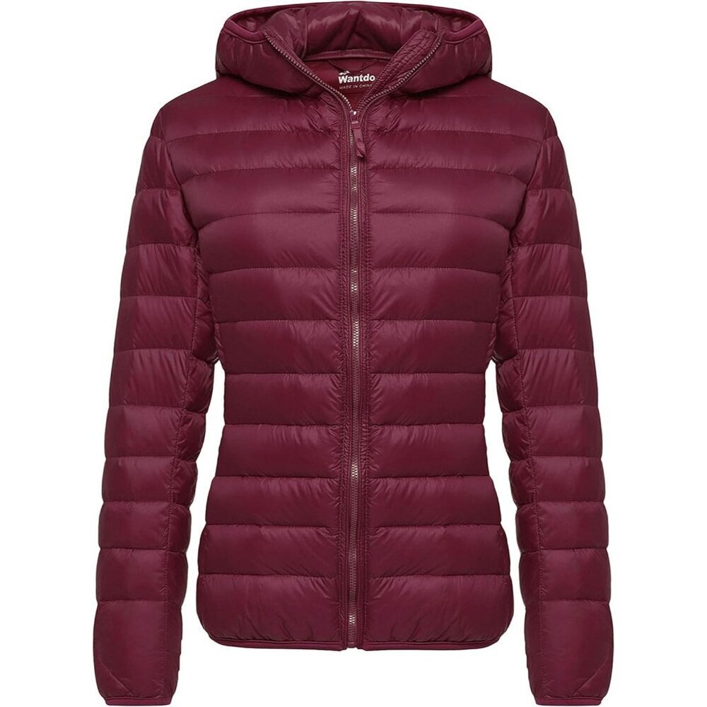 Women's Wine Red Short Down Hooded Puffer Jacket Coat Fabric Packable Ultra